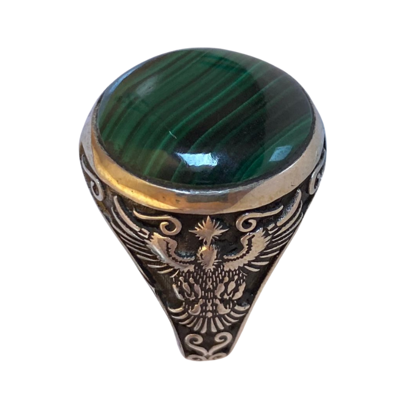 خاتم من فضة وحجر الملاكيت الطبيعي