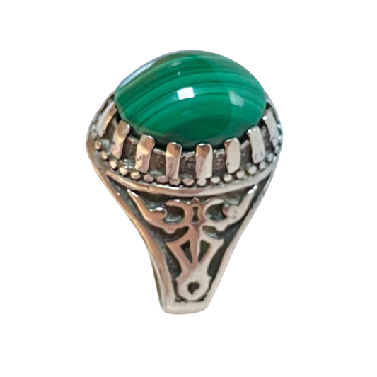 خاتم نقرة وحجر الملاكيت الطبيعي