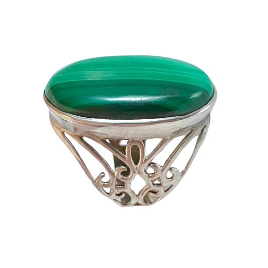 خاتم نقرة وحجر الملاكيت الطبيعي