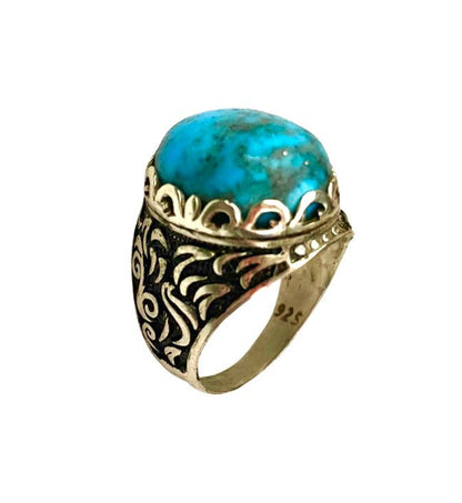 خاتم من حجر الفيروز الطبيعي والفضة 925