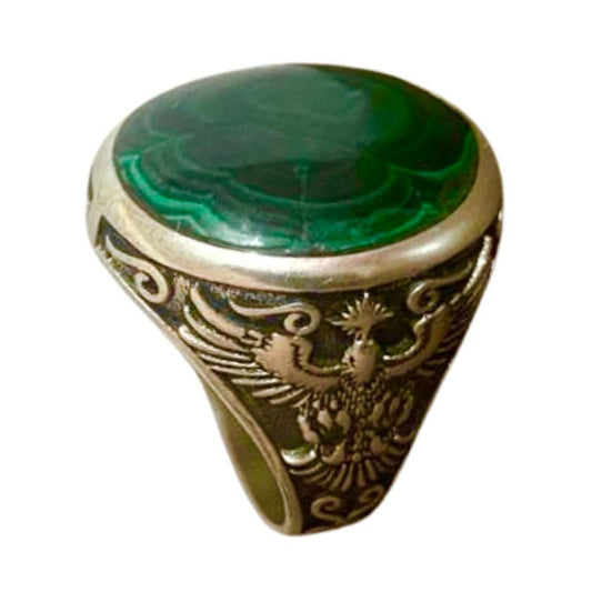 خاتم من فضة وحجر الملاكيت الطبيعي
